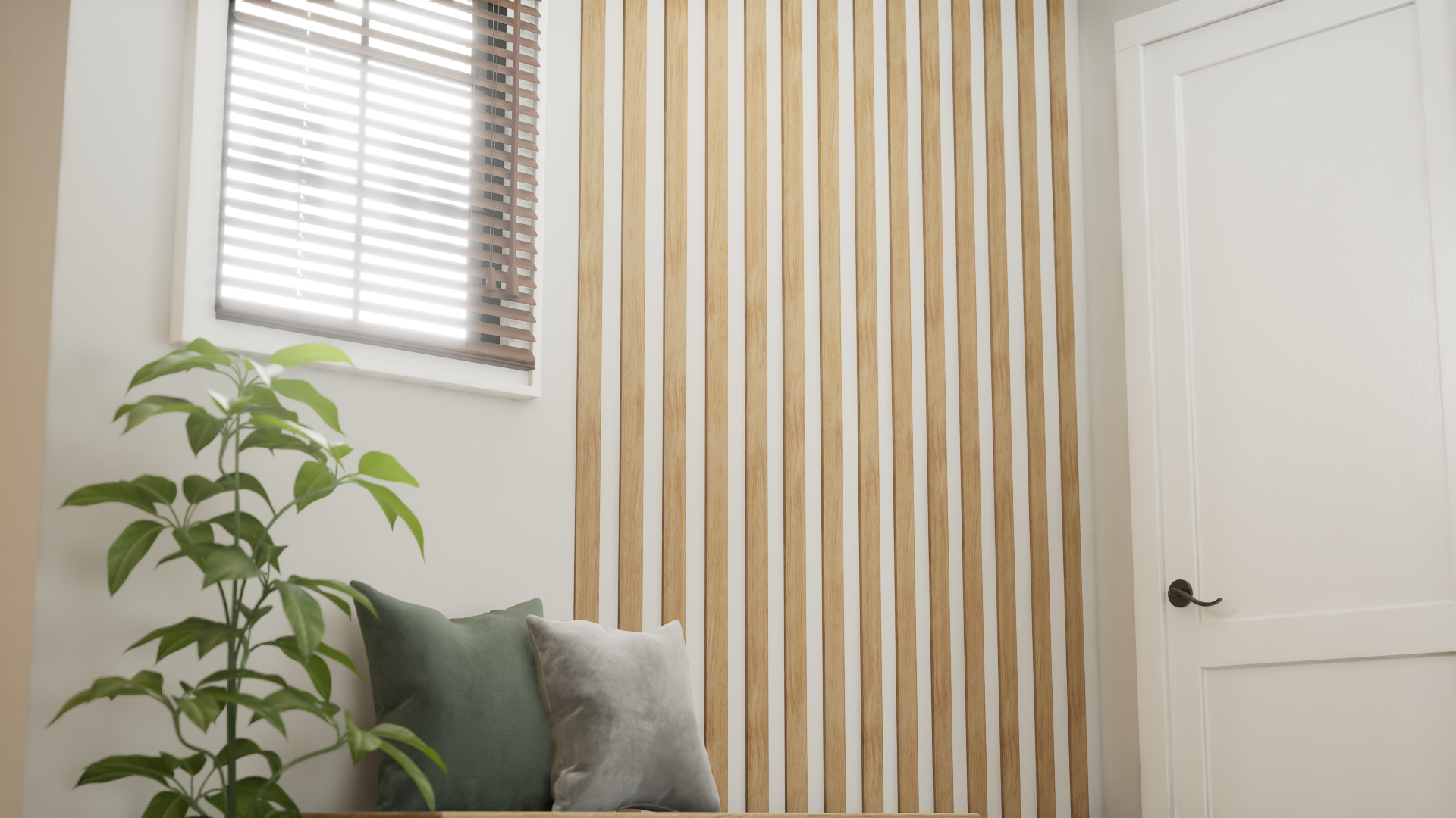 Hard wood slat wall panels on a wall with plants and pillows